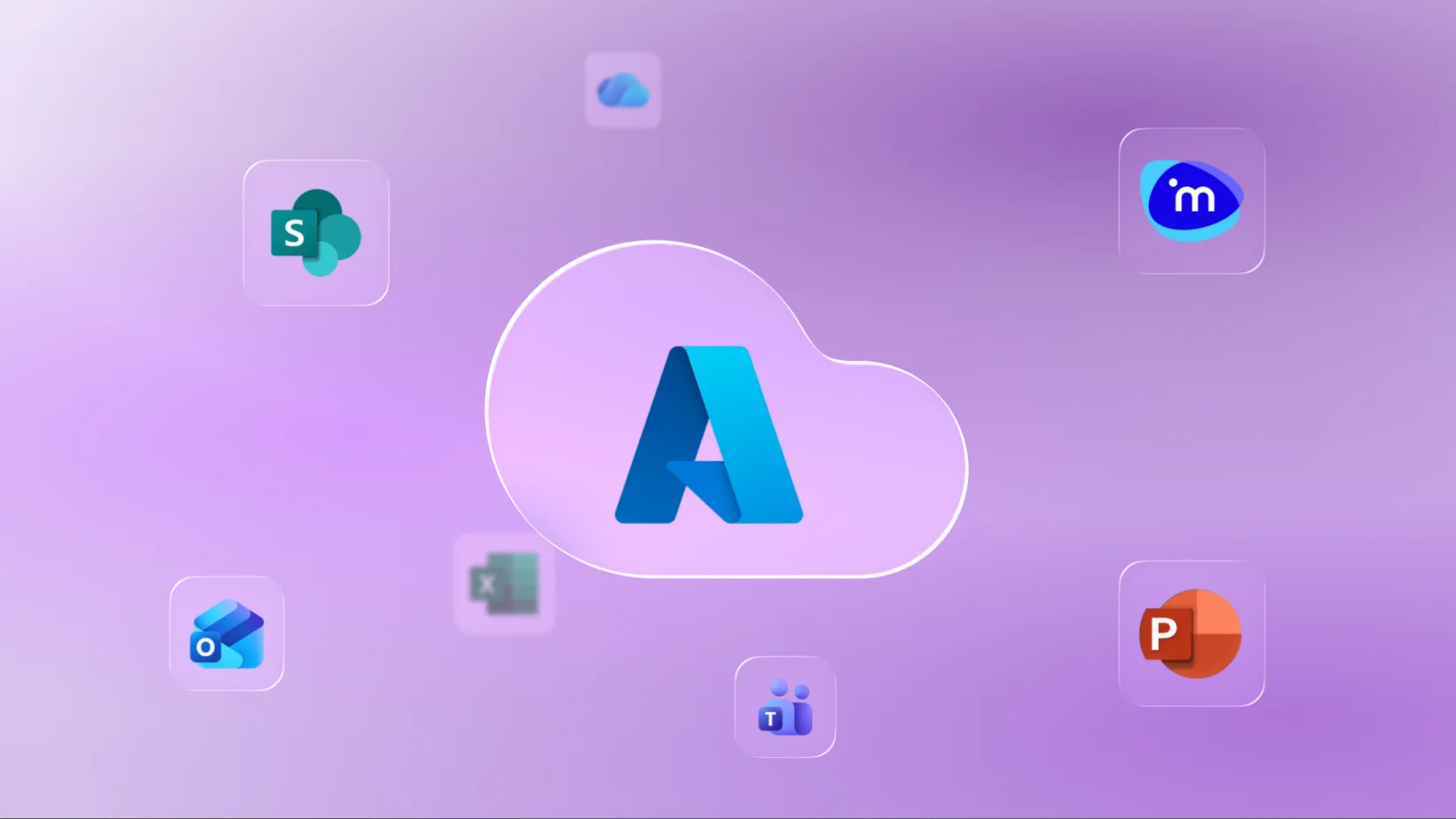 The Azure mark inside a cloud, ringed by the tools it holds — Outlook, SharePoint, Teams, Excel, PowerPoint, OneDrive and iManage.