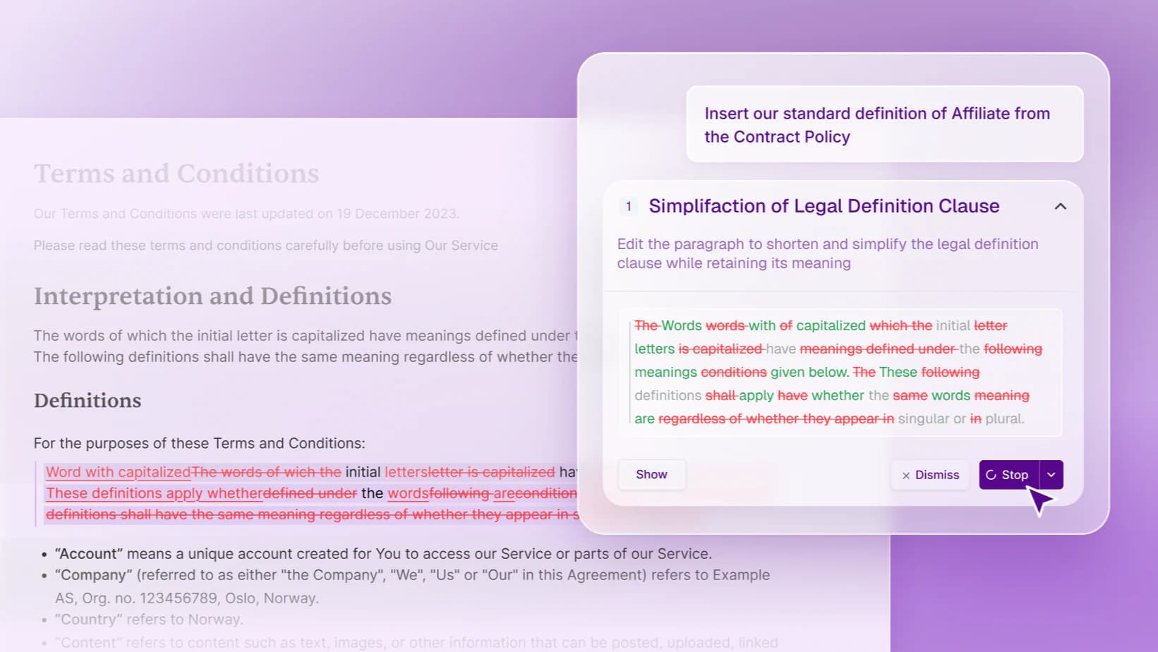 A Terms and Conditions document mid-redline in Word, beside a card proposing a simpler legal definition clause with Show, Dismiss and Stop controls.