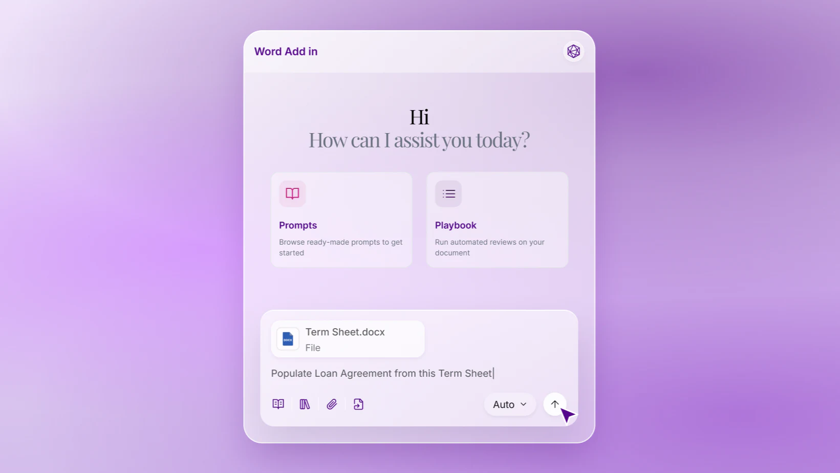 The Word Add In panel with Prompts and Playbook shortcuts, its composer holding Term Sheet.docx and the instruction to populate a loan agreement from it.