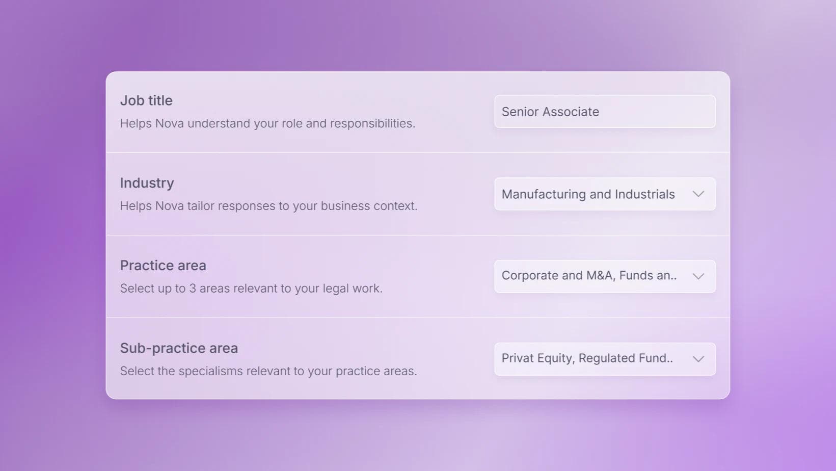 Nova’s personalisation panel, setting a job title, industry, practice area and sub-practice area in one place.