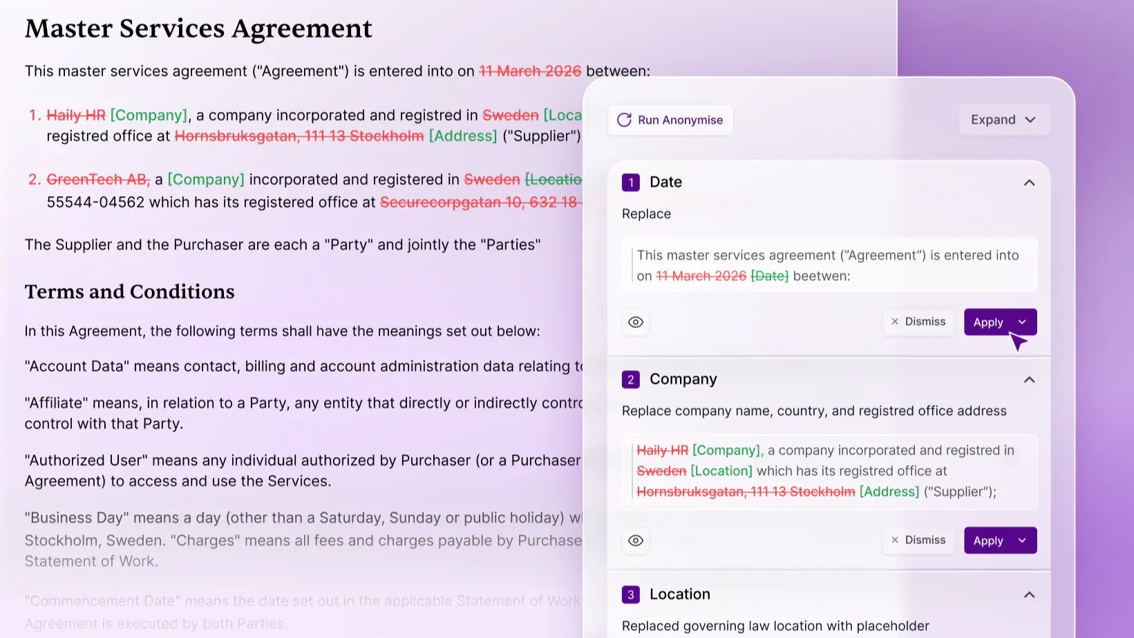 A master services agreement being anonymized: company names, locations and addresses swapped for placeholders, each replacement offered with Apply and Dismiss.