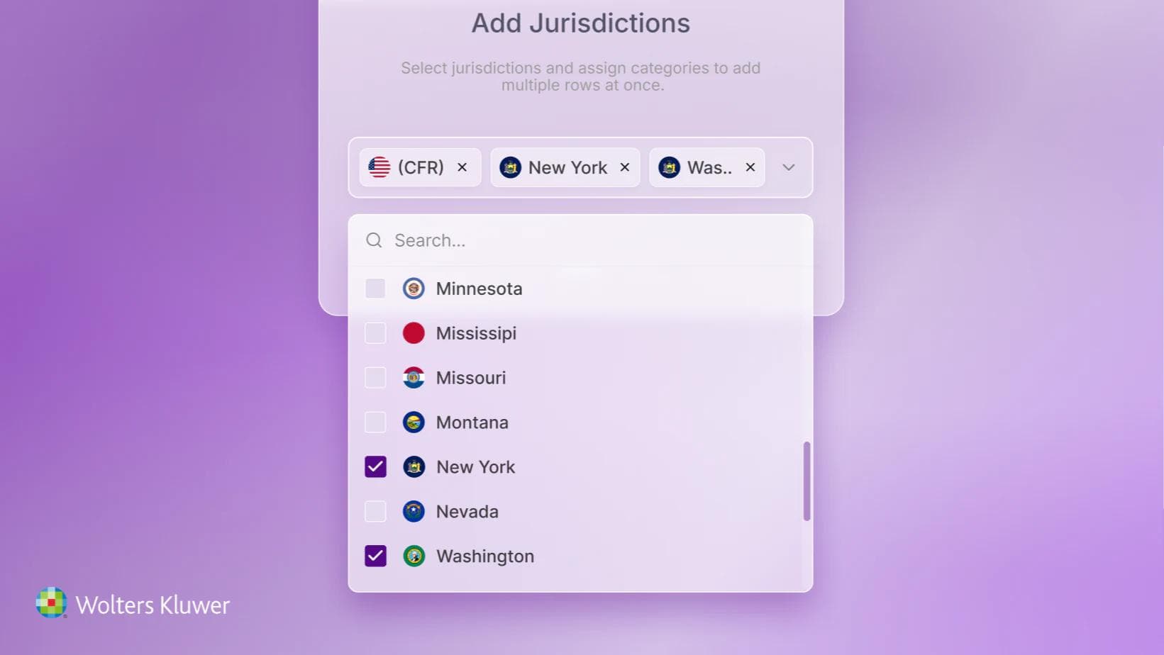 The Add Jurisdictions panel, with New York and Washington ticked from a searchable list of states.